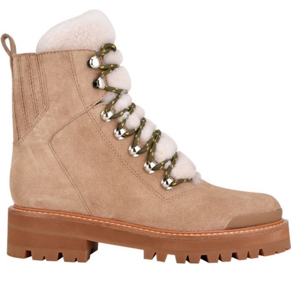 Marc Fisher Shoes - Marc Fisher Shearling Lace-Up Hiker Boots • Suede Lug Sole • Tan • Women’s 7M